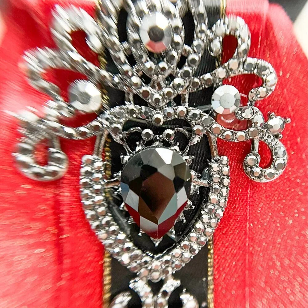 Red crystal bowtie, Kid's Necktie, Black Crystal Brooch, Kids Size, 2 in 1
